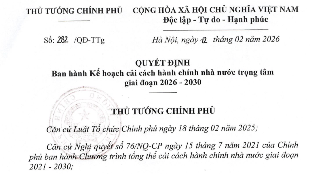 Quyết định số 282/QĐ-TTg ngày 12 tháng 02 năm 2026 của Thủ tướng Chính phủ ban hành Kế hoạch cải cách hành chính nhà nước trọng tâm giai đoạn 2026 – 2030